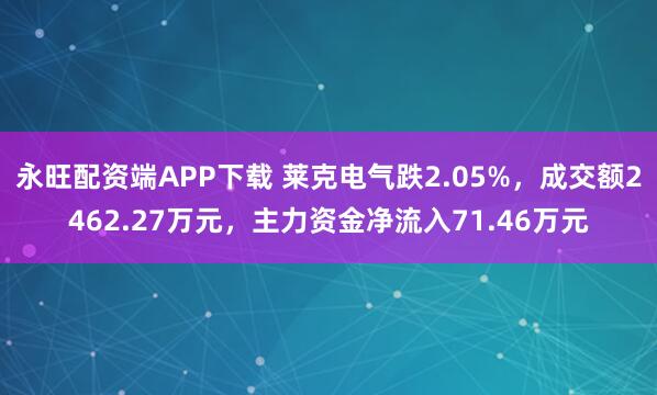 永旺配资端APP下载 莱克电气跌2.05%，成交额2462.27万元，主力资金净流入71.46万元